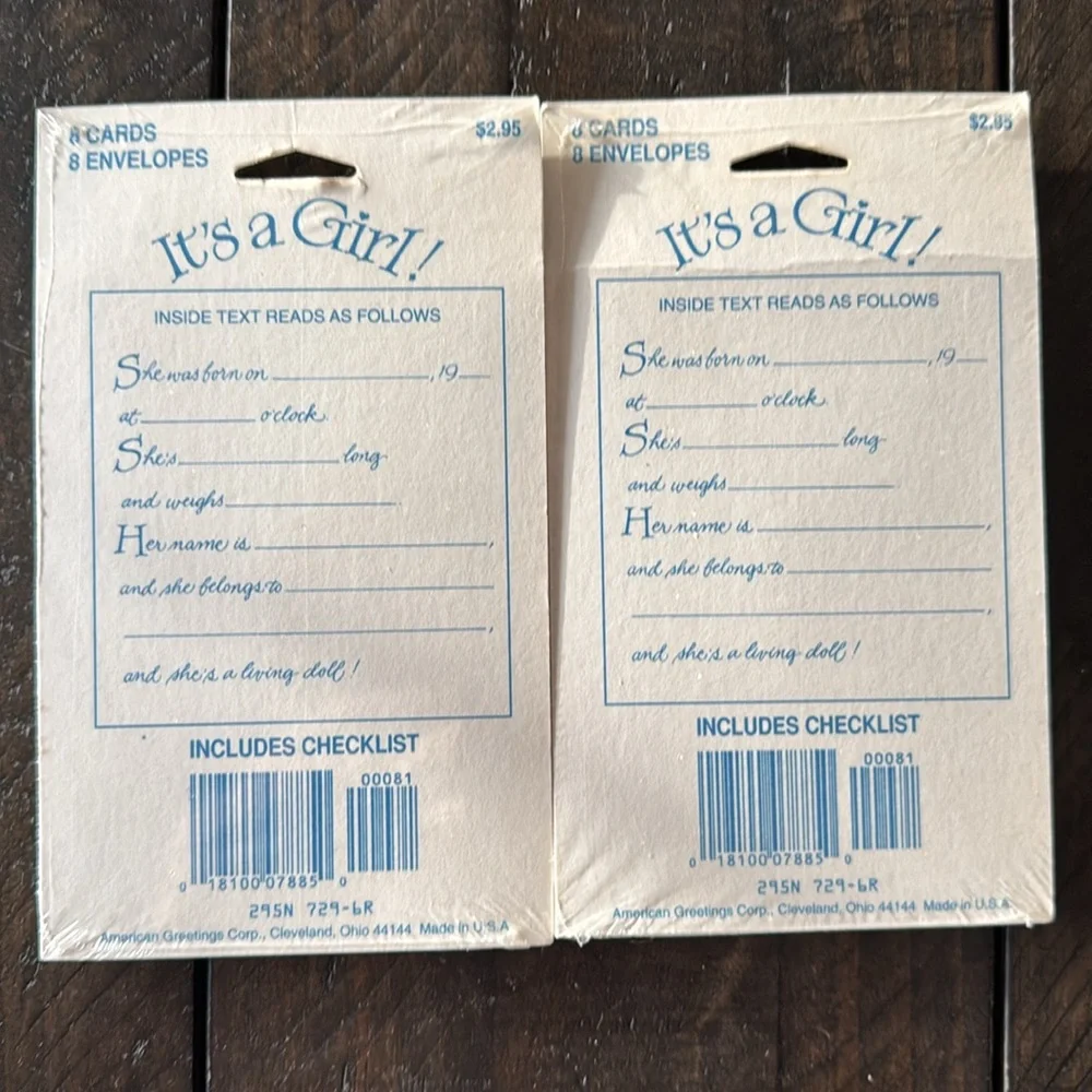 2 packages of vintage 1980s baby girl announcement cards.
